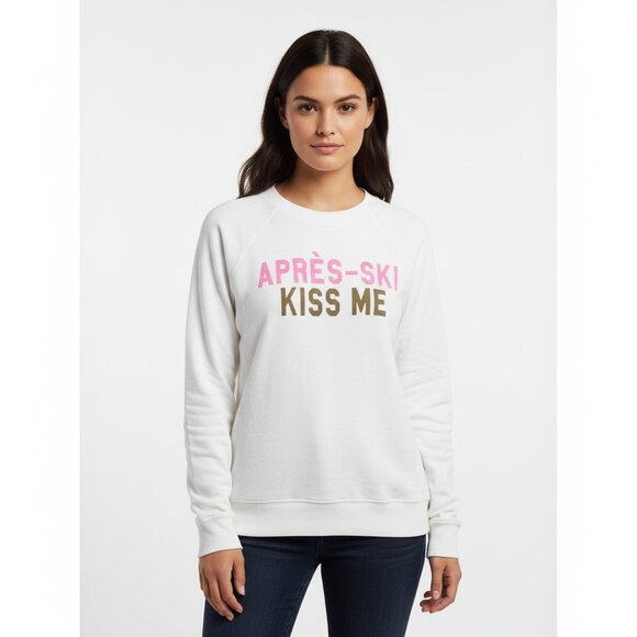 NWT Wildfox “Après-Ski Kiss Me” Sweatshirt White Graphic Pullover Women’s S - Picture 1 of 8